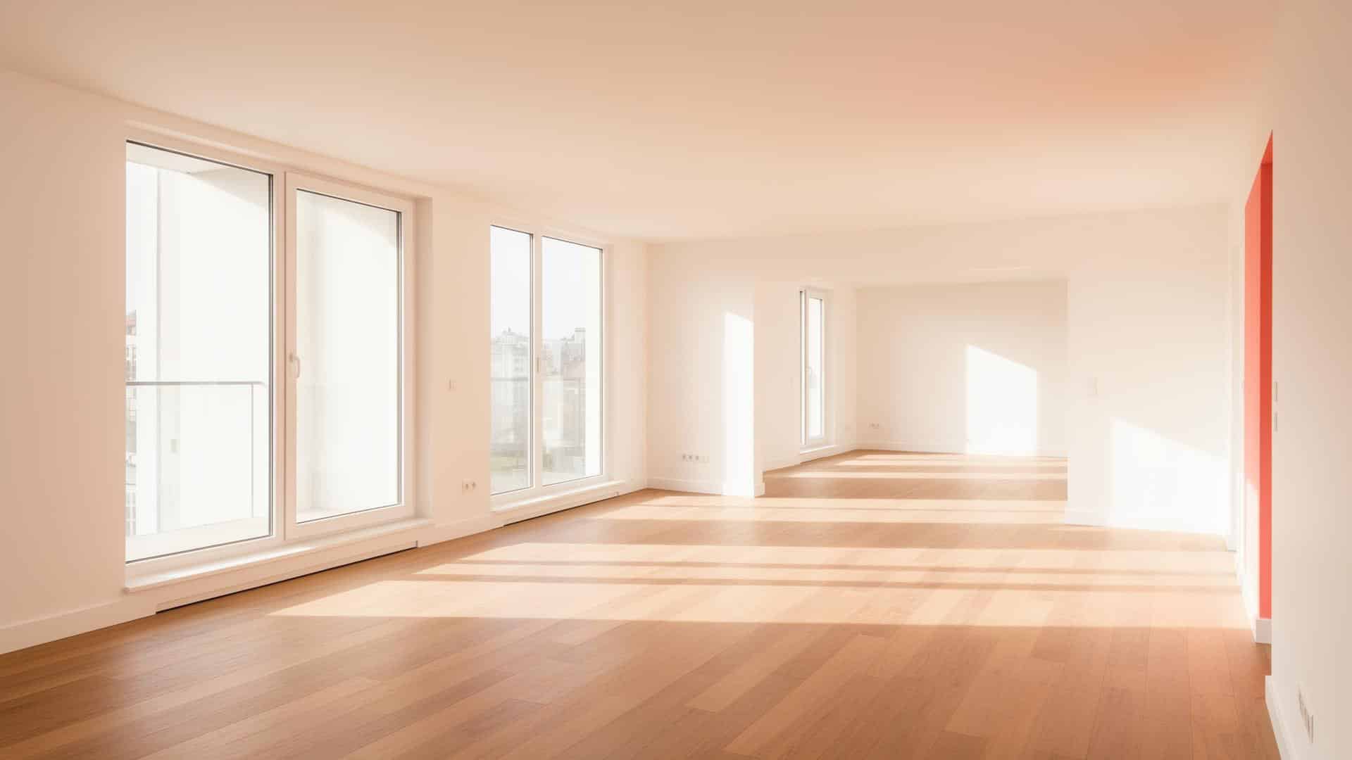 Ein geräumiger, leerer Raum nach einer gründlichen Entrümpelung, mit großen, raumhohen Fenstern, weißen Wänden und hellem Holzfußboden. Das Sonnenlicht strömt herein und erzeugt helle Flecken und Schatten auf dem Boden.